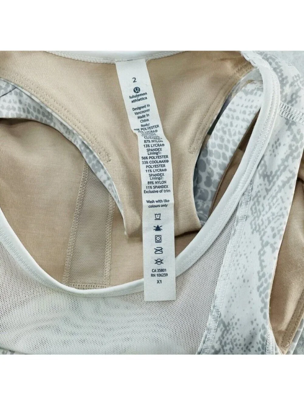 Lululemon Athletica Crossback Tank Top Size 2 White & Gray Snake Print Stretchy